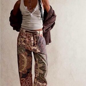 Free People Cream Multi Patchwork Wide-Leg Pants